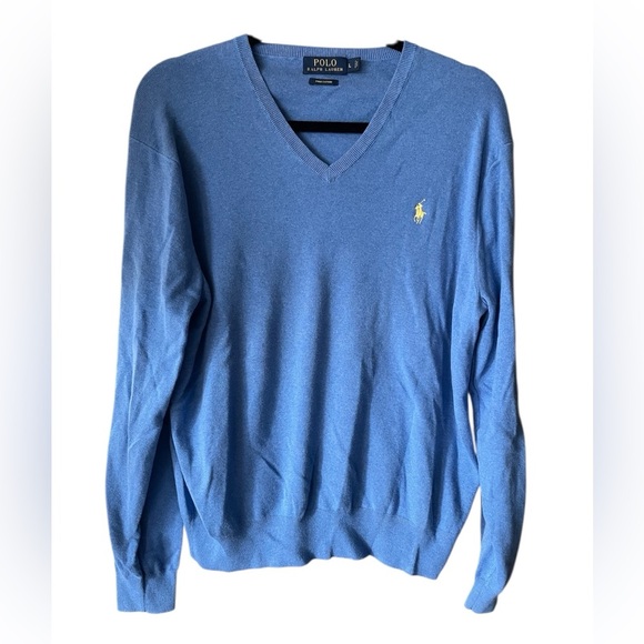 Polo Ralph Lauren Light Blue Pullover V Neck Sweater 100% Pima Cotton Large - Picture 1 of 4
